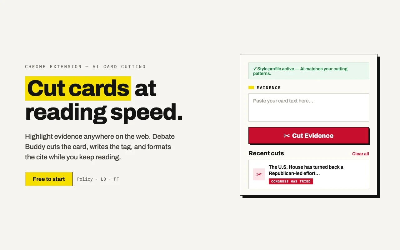 The Debate Buddy's store screenshot: Cut cards at reading speed, with the side panel ready to cut evidence